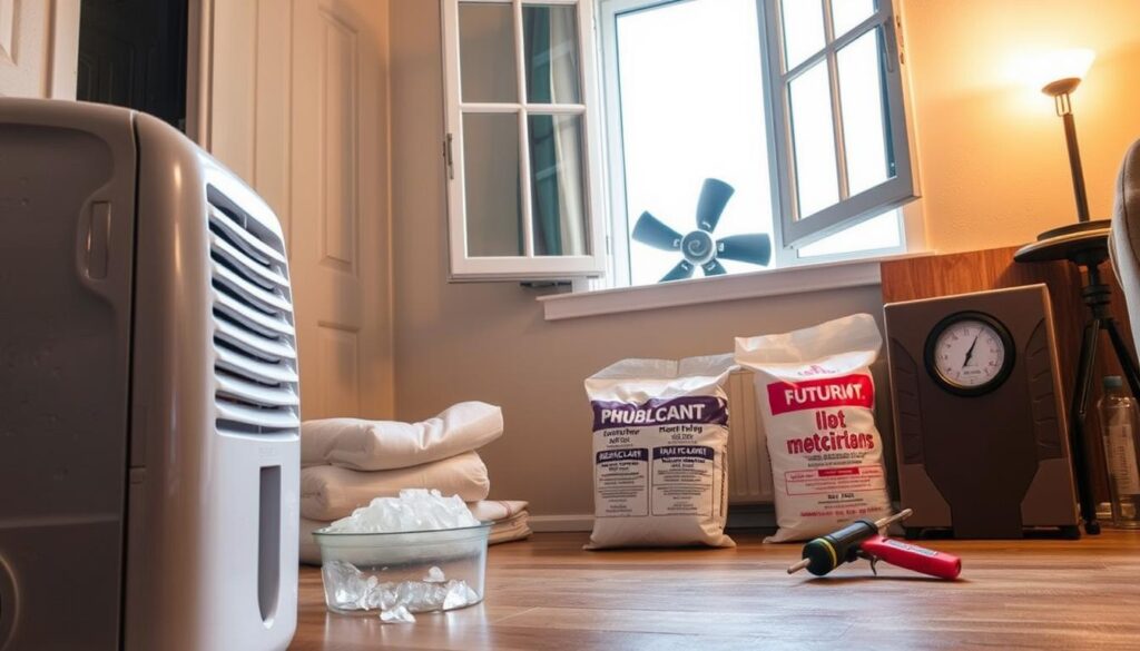 A well-lit indoor scene depicting various preventive measures against moisture in a residential setting. In the foreground, a dehumidifier quietly operates, its condensation drip tray catching excess moisture. The middle ground features an open window with a ventilation fan, encouraging air circulation. Strategically placed along the walls are moisture-absorbing desiccant bags and a hygrometer monitoring humidity levels. The background showcases insulation materials and caulking gun, hinting at structural preventive steps. The overall lighting is soft and natural, conveying a sense of diligence and proactive care to maintain a healthy, dry home environment. A well-lit indoor scene depicting various preventive measures against moisture in a residential setting. In the foreground, a dehumidifier quietly operates, its condensation drip tray catching excess moisture. The middle ground features an open window with a ventilation fan, encouraging air circulation. Strategically placed along the walls are moisture-absorbing desiccant bags and a hygrometer monitoring humidity levels. The background showcases insulation materials and caulking gun, hinting at structural preventive steps. The overall lighting is soft and natural, conveying a sense of diligence and proactive care to maintain a healthy, dry home environment.